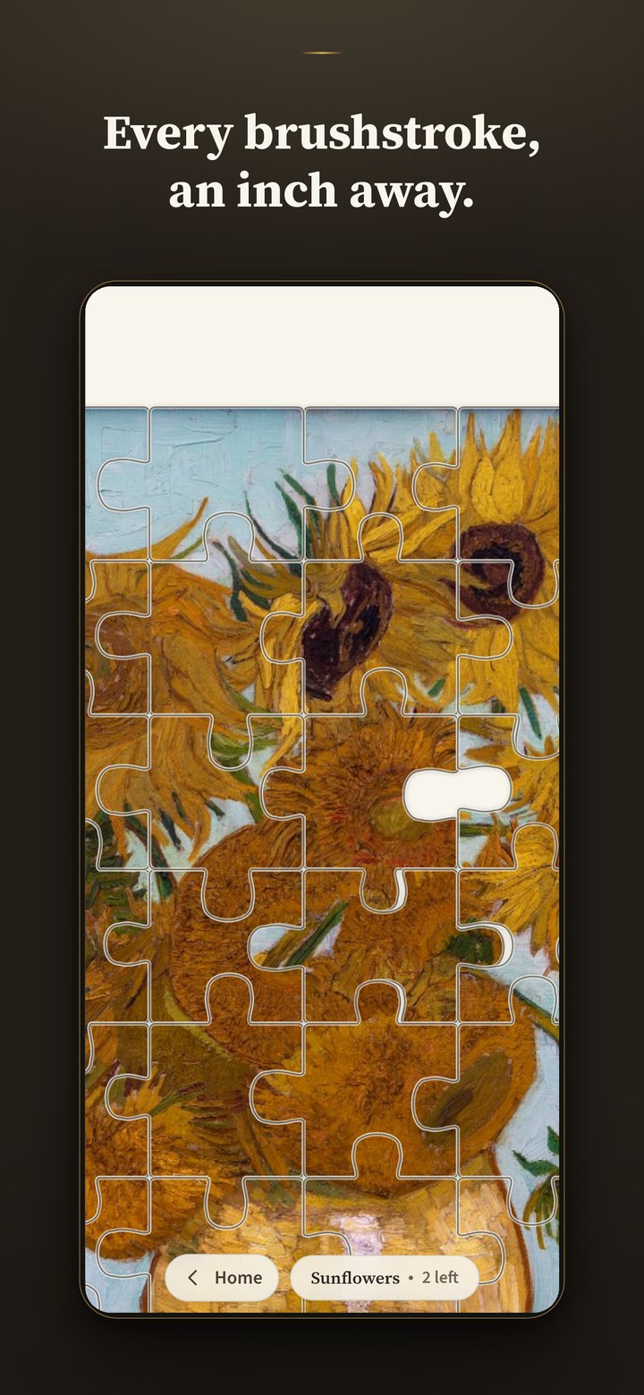 Sunflowers at full zoom, each brushstroke legible, two pieces still unturned