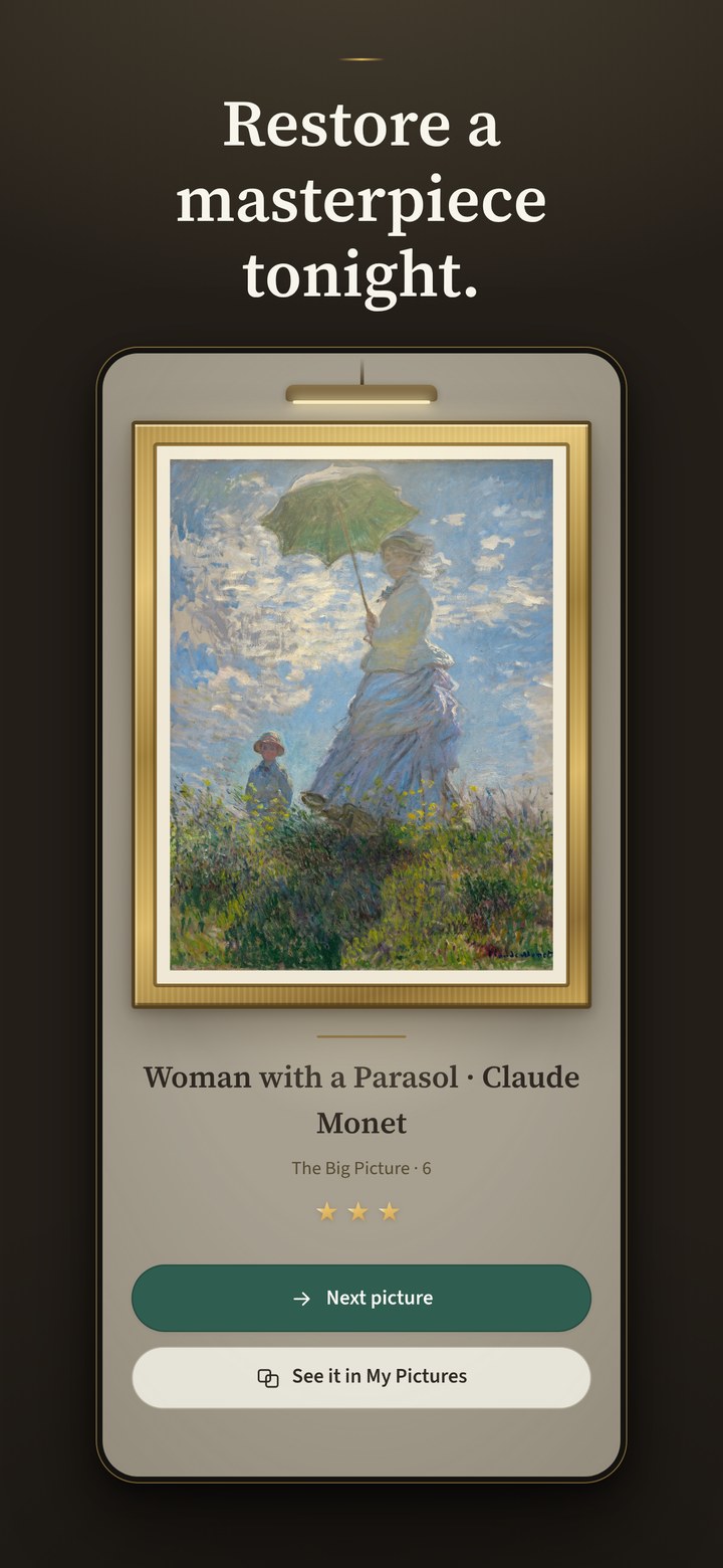 A finished restoration of Woman with a Parasol, with its museum plaque and three stars